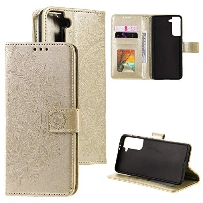Abbildung von CoverKingz Handy Case kompatibel mit Samsung Galaxy S21 5G Cover Kartenfach Phonecase Smartphone Hülle klappbar Motiv Mandala Gold