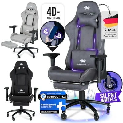 Abbildung von ELITESEATS Gaming Stuhl Ergonomisch [TESTSIEGER] Kratzerfreie Rollen Atmungsaktiv, 4D Armlehnen, mit Fußstütze Ergonomischer Gamingstuhl Stoff 150 kg Belastbarkeit Chair Sessel