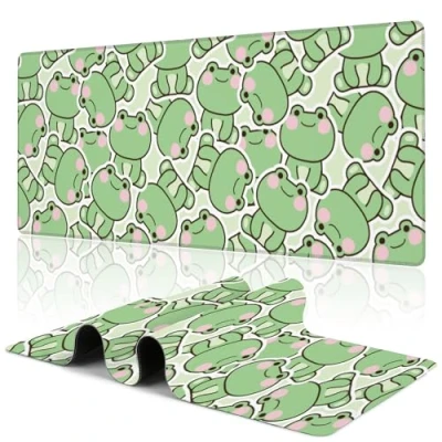 Abbildung von Uiaoiais Kawaii Frosch Gaming Mauspad, grüne niedliche Schreibtischunterlage, 80 x 40 cm, große Schreibtischunterlage mit genähtem Rand, rutschfeste Unterseite, Tastatur, großes Mauspad für Büro,