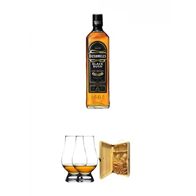 Abbildung von Bushmills Black Bush Irish Whiskey Country Antrim 0,7 Liter + The Glencairn Glass Whisky Glas Stölzle 2 Stück 1a Holzbox für Flaschen mit Hakenverschluss