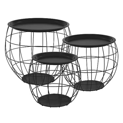 Abbildung von ML DESIGN Beistelltisch Sofatische aus Metall rund Wohnzimmertische Satztische, Couchtisch Schwarz Metallkörbe Drahtkorb mit abnehmbarer Tischplatte