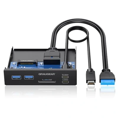 Abbildung von GRAUGEAR 6 Schnittstellen USB C [20 Gbit/s] Frontpanel in 3,5 Zoll mit 1x 3.2 Gen2x2 Type 20 Gbps &amp; 2X A, SD microSD Kartenleser, Metall PC Frontblende, Schnelle Datenübertragung