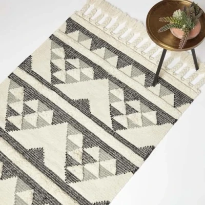 Abbildung von Homescapes Kota Kelim Teppich schwarz grau Creme 90x150 cm, Fransen handgewebt aus Wolle