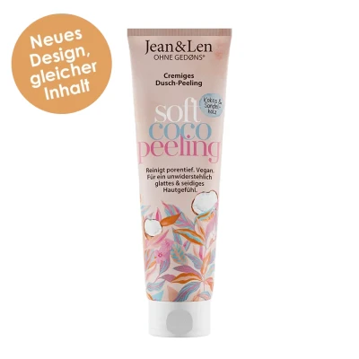 Abbildung von Jean &amp; Len Cremiges Dusch Peeling Kokos Sandelholz, reinigt porentief und nährt die Haut, mit natürlichen Sandperlen, Body Scrub, ohne Parabene Silikone, vegan, 125 ml