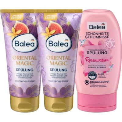 Abbildung von Balea 3er Set Haarpflege: Spülung ORIENTAL MAGIC intensive Pflege mit orientalischem Duft, natürlicher Glanz ohne Silikone (2 x 200 ml) + Schönheitsgeheimnisse Conditioner ROSENWASSER (200 600 ml