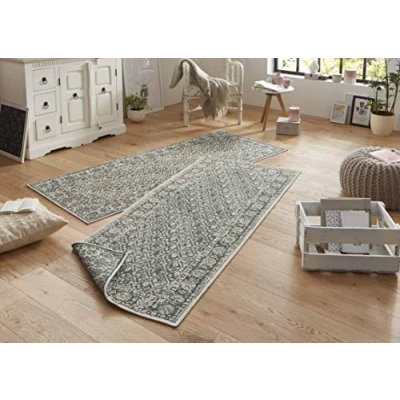 Abbildung von NORTHRUGS in und Outdoor Teppich Curacao 80x350cm Wendeteppich Wetterfest Modernes Grafisches Muster Läufer für Balkon Terrasse Garten Wintergarten Wohnzimmerteppich Wasserfest Grün Creme