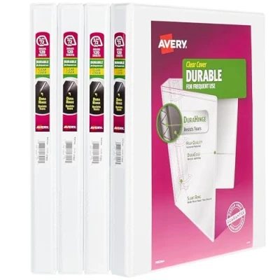 Abbildung von Avery Durable View 03362 Ringbuch, 1,27 cm schräge Ringe, 1,8 breiter Rücken, anpassbarer, transparenter Deckel und ideal für Schule, Büro Zuhause, 4 weiße Ordner