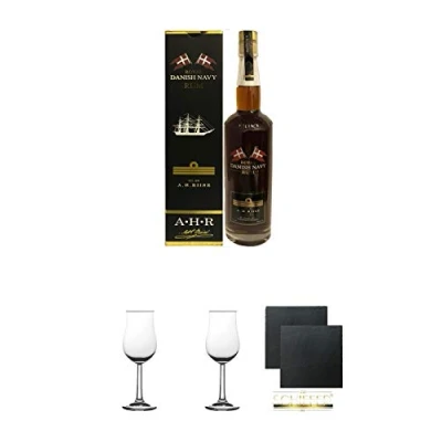 Abbildung von A.H. RIISE Danish Navy Rum 40% 0,7 Liter + 2 Bugatti Nosing Gläser mit Eichstrich 2cl und 4cl Schiefer Glasuntersetzer eckig ca. 9,5 cm Ø