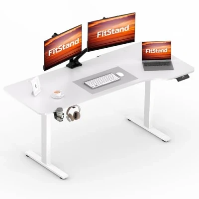 Abbildung von FitStand 160x75cm höhenverstellbarer Schreibtisch Electric Lift Desk mit Tischplatte, Stehpult, Computertisch Haken, Memory Funktion für Büro und Zuhause Weiß