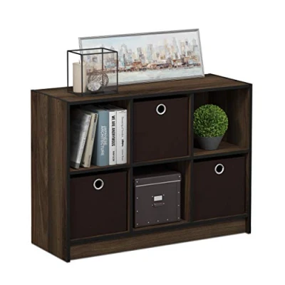 Abbildung von Furinno Basic Bücherregal mit 6 Fächern und 3 Einschüben, holz, Columbia Walnut/Dunkelbraun, 30.23 x 80.26 59.94 cm