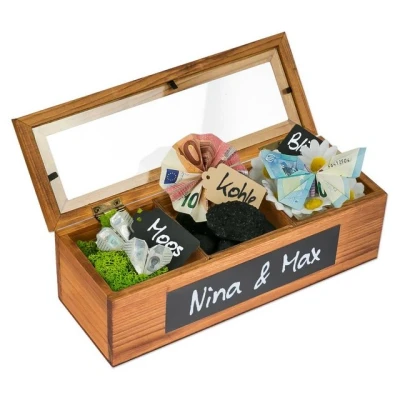 Abbildung von SURPRISA Geschenkbox Schotter Schatulle Geldgeschenk, aus Pinienholz, 3 Fächer, Geschenk zur Hochzeit, Geburtstag usw.