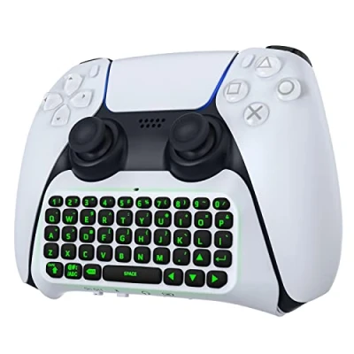 Abbildung von MoKo Hintergrundbeleuchtung, grüne Tastatur für PS5 Controller, Mini QWERTY Tastatur, Bluetooth, kabellos, kompatibel mit Playstation 5 wiederaufladbar, 3,5 mm Audio Stecker &amp;