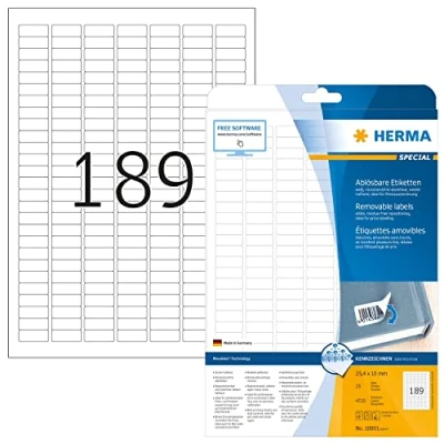 Abbildung von HERMA 10001 Universal Etiketten ablösbar, 25 Blatt, 25,4 x 10 mm, 189 pro A4 Bogen, 4725 Stück, selbstklebend, bedruckbar, matt, blanko Papier Klebeetiketten Aufkleber, weiß