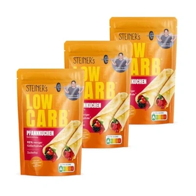 Abbildung von STEINER&#039;s Low Carb Pfannkuchen Protein Pancake Mix Zuckerfrei, Glutenfrei &amp; Kalorienreduziert 7,8g Eiweiß Für Pfannkuchen, Pancakes Waffeln 3x 150g Packung