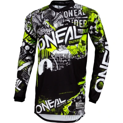 Abbildung von O&#039;NEAL Motocross Shirt langarm MX MTB Mountainbike Passform für Maximale Bewegungsfreiheit, Eingenähter Ellbogenschutz Element Jersey Attack Erwachsene Schwarz Neon Gelb Größe S