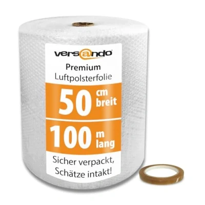Abbildung von versando Premium Luftpolsterfolie 100m x 0,5m Versand, Verpackung, Umzug Noppenfolie Bubble Wrap LPF Rolle und Klebeband 19mm 66m