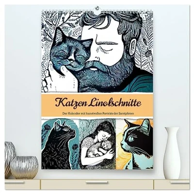 Abbildung von Katzen Linolschnitt der Kalender mit kunstvollen Porträts Samtpfoten (hochwertiger Premium Wandkalender 2025 DIN A2 hoch), Kunstdruck in Hochglanz