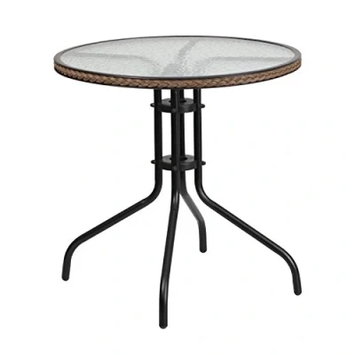 Abbildung von Flash Furniture Barker runder Tisch aus gehärtetem Glas mit dunkelbrauner Rattaneinfassung, 71,1 cm