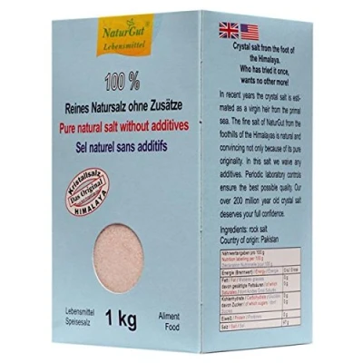Abbildung von Kristallsalz aus dem Vorgebirge des Himalaya Feinsalz im Karton 1 kg Salt Range Pakistan