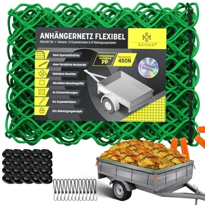 Abbildung von KESSER® Anhängernetz 2x3m Dehnbar feinmaschig Hängernetz mit Spannseil &amp; Netzkordel für Ladungssicherung elastisches Sicherungs Netz Eckmarkierungen Expander Haken Befestigungsknöpfen Grün