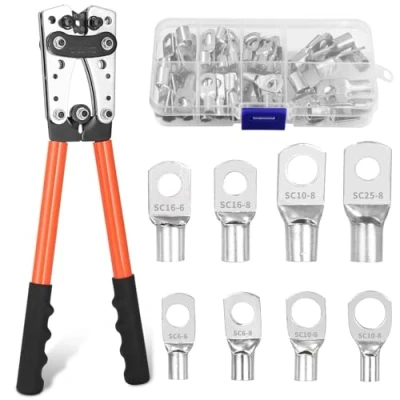 Abbildung von Groß Crimpzange Kabel Set 6/10/16/25/35/50 mm² Kabelschuhe 101/0 AWG Batteriekabelschuh Kabelschuh Zange mit 8 Größen 60 PCS Kupferringklemmen Orangefarben