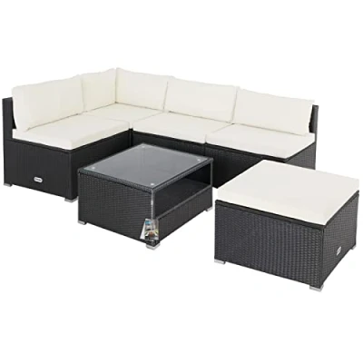 Abbildung von Casaria® Gartenmöbel Lounge Set Wetterfest 5 Personen Polyrattan Sicherheitsglas Tisch Outdoor Sitzkissen Terrassenmöbel Eck Sofa Schwarz Creme
