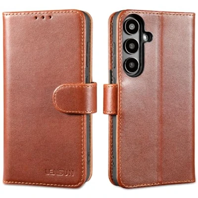 Abbildung von LENSUN Echtleder Hülle für Samsung Galaxy S24, Handyhülle [Echtes Leder] [Standfunktion] [RFID Schutz] Lederhülle Handytasche S24 5G Dunkelbraun