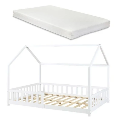 Abbildung von [en.casa] Kinderbett Hesel Hausbett mit Matratze 120 x 200 cm Weiß Rausfallschutz und Lattenrost Bodenbett Jugendbett Holzbett