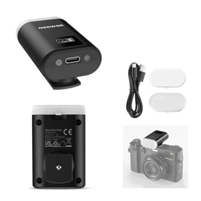 Abbildung von NEEWER Basics Mini Kamerablitz, 5600 K Fülllicht mit LCD Display, kompatibel Canon Fujifilm Sony Nikon DSLR Digital Standard Blitzschuhkameras für Studio Fotografie Fotoshootings Beleuchtung, N12