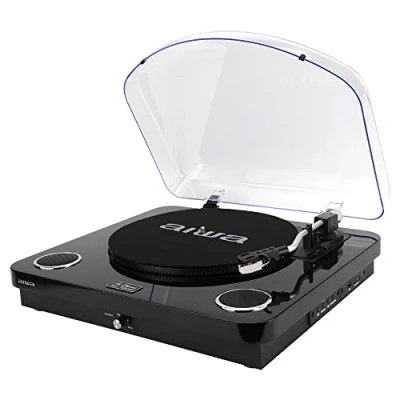 Abbildung von AIWA GBTUR 120BKMKII: Plattenspieler, Schwarz, Bluetooth, 3 Geschwindigkeiten, FM Radio, USB und SD