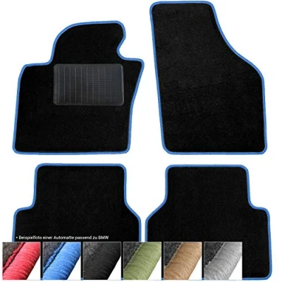Abbildung von moto MOLTICO Fußmatten Auto Velours Autoteppiche Schwarz Automatten Set 4 teilig passend für Mini Cooper 2006 2013 (Blaue Ziernähte)