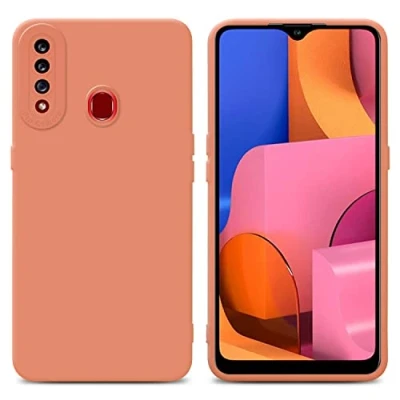 Abbildung von Cadorabo Hülle kompatibel mit Samsung Galaxy A20s Schutzhülle TPU Silikon Case Liquid Design Kameraschutz Slim Kratzfest Weiche Gummi Rundumschutz für in Orange