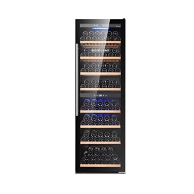 Abbildung von BODEGA43 180F Weinkühlschrank Freistehend Groß Weinklimaschrank mit 2 Zonen, 5 20 ºC, 180 Flaschen, Vollglas Designtür, Energie Label: F, Geräuscharm (nur 38 dB) &amp; sehr vibrationsarm, Schwarz