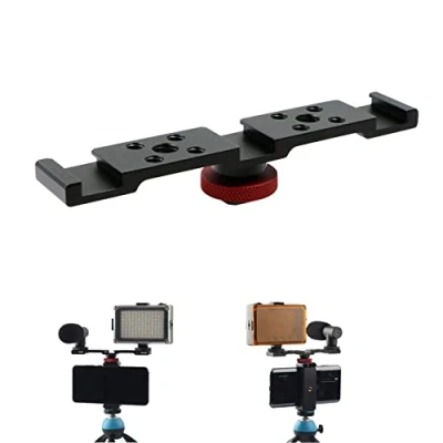 Abbildung von Dual Kamera Blitzschiene Light Bracket Blitzhalterung Blitz Halterung Blitzschuh mit 1/4 3/8 Zoll Schraubenlöcher für LED Licht Stativ Blitzlicht Blitzlichtmikrofon DSLR,Schwarz