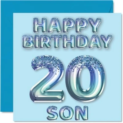 Abbildung von Geburtstagskarte zum 20. Geburtstag für Sohn, blaue Glitzer Party Luftballons, Happy Birthday Karten 20 Jahre alten Sohn von Mama, Papa, Eltern, 145 mm x mm, Geburtstagsgrußkarten, Geschenk