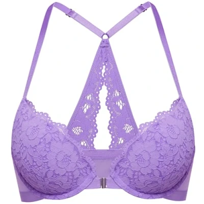 Abbildung von DOBREVA Damen Vorderverschluss BH mit Bügel Push Up Spitzen Neckholder BHS Racerback Tiefer Ausschnitt Gepolsterter Flieder 85E