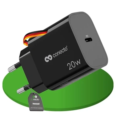 Abbildung von conecto USB C Ladegerät, Ladestecker Adapter, Netzteil 20 Watt Schnellladegerät kompatibel mit Apple iPhone 15, Samsung, Tablet, Laptop UVM, PD Charger, Schwarz