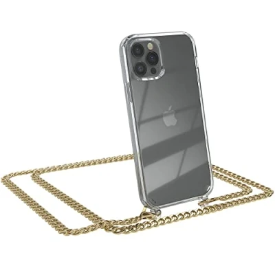 Abbildung von EAZY CASE Handykette kompatibel mit iPhone 12/12 Pro Handyhülle Metal Umhängeband und Ersatz Kordel schwarz, Handykordel Schutzhülle, Stylische Kette, Gold