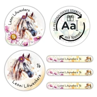 Abbildung von TOBJA Namensaufkleber Kinder Schule personalisiert 36 wasserfeste Sticker mit Namen für Hefte &amp; Permanent haftend Süßes Pferde Design Mädchen Jungen