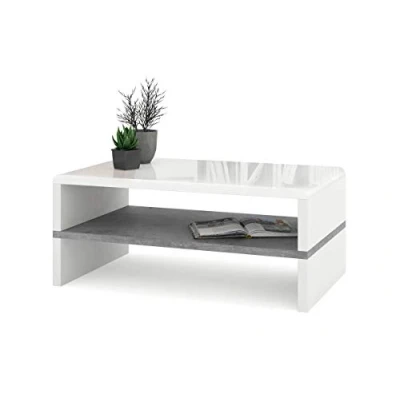 Abbildung von All4All Couchtisch Riva Kleiner Kaffeetisch Wohnzimmertisch Sofatisch mit Ablagen kompakte Größe 100x60cm 05 Weiß Hochglanz + Betonfarbe