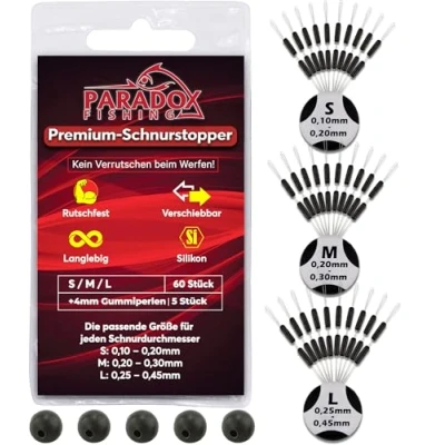 Abbildung von Paradox Fishing 60 Premium Schnurstopper aus Silikon 3 Größen S/M/L je 20 Stück 5X Gummiperlen 4mm Angeln Gummistopper für Posen