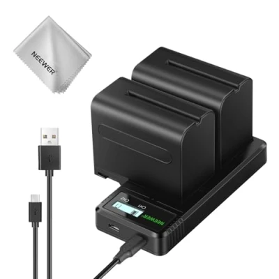 Abbildung von NEEWER 2 STK. NP F970 7800mAh Ersatzakkus mit Ladegerät/Reinigungstuch, Kompatibel Sony F960 F950 F770 F750 F570 F550 FX3 FX30 A7 Canon R5 Nikon Z8 Kameras, für Handycam LED Licht