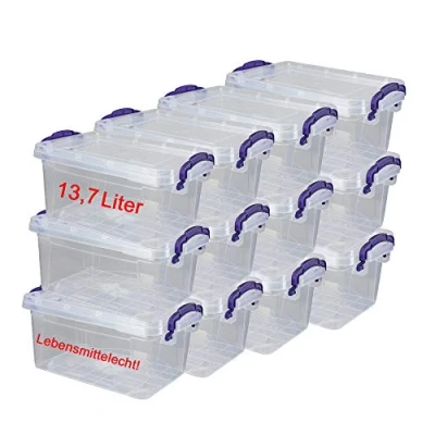 Abbildung von DIES&amp;DAS 12er Set stapelbare Aufbewahrunsboxen Lagerboxen mit Deckel/Klickverschluss u. Griffen 13,7 L Lebensmittelecht
