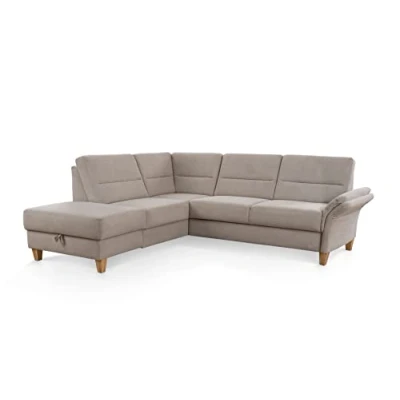 Abbildung von CAVADORE Schlafsofa Wyk mit Federkern / Ecksofa im Landhaus Stil Ottomane, Bett, Stauraum + Armteilfunktion 238 x 90 213 Jacquard, Beige