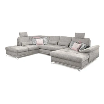 Abbildung von Cavadore Wohnlandschaft Castiel mit Federkern / Großes U Form Sofa Schlaffunktion, Bettkasten, Sitztiefenverstellung und Kopfstützen 368 x 114 232 Webstoff, Hellgrau