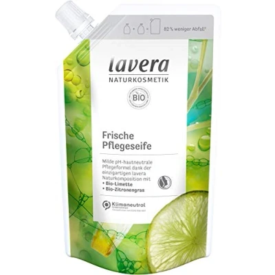 Abbildung von lavera Nachfüllbeutel Frische Pflegeseife Flüssigseife mit Bio Limette &amp; Zitronengras milde Reinigung vegan pH neutral auch für empfindliche trockene Haut geeignet 6 x 500 ml