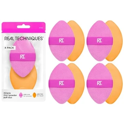Abbildung von Real Techniques Miracle 2 in 1 Puderquasten, doppelseitiger Puderquast, wendbares Gummiband, Präzisions Make up Schwamm und Puderquaste, für Flüssig , Creme Puderprodukte, 4er Pack