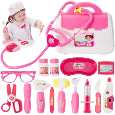 Abbildung von BUYGER Arztkoffer Kinder, Doktorkoffer mit Stethoskop, Spritze Medizinische Spielzeug, Doktor Spielset Rollenspiel Geschenke Mädchen Jungen (Rosa)