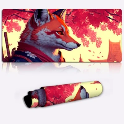 Abbildung von LJSPTU Gaming Mauspad, professioneller Samurai Fuchs, XXL Schreibtischunterlage (90 x 40 0,3) cm, übergroßes Computer Tastatur,