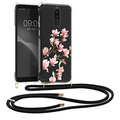 Abbildung von kwmobile Necklace Case kompatibel mit Huawei Mate 10 Lite Hülle Silikon Cover Handykette Rosa Weiß Transparent Magnolien